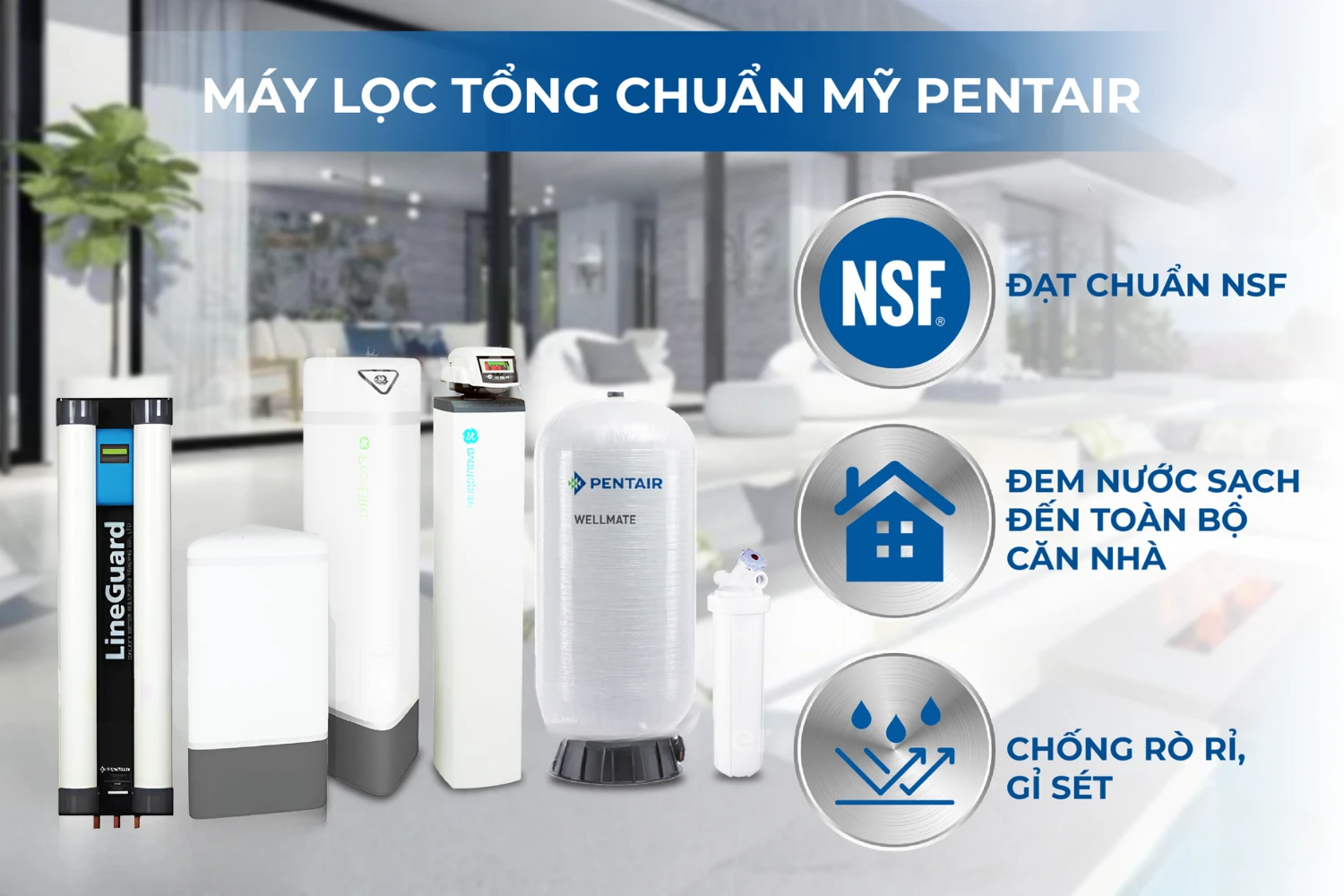 Nước nhiễm phèn và cách xử lý nước nhiễm phèn bằng lọc tổng đầu nguồn 9 Máy lọc tổng đầu nguồn Pentair Pro Elite POE + Buffer Tank & Lineguard UF-100 tự hào là sản phẩm nhập khẩu chính hãng từ Mỹ