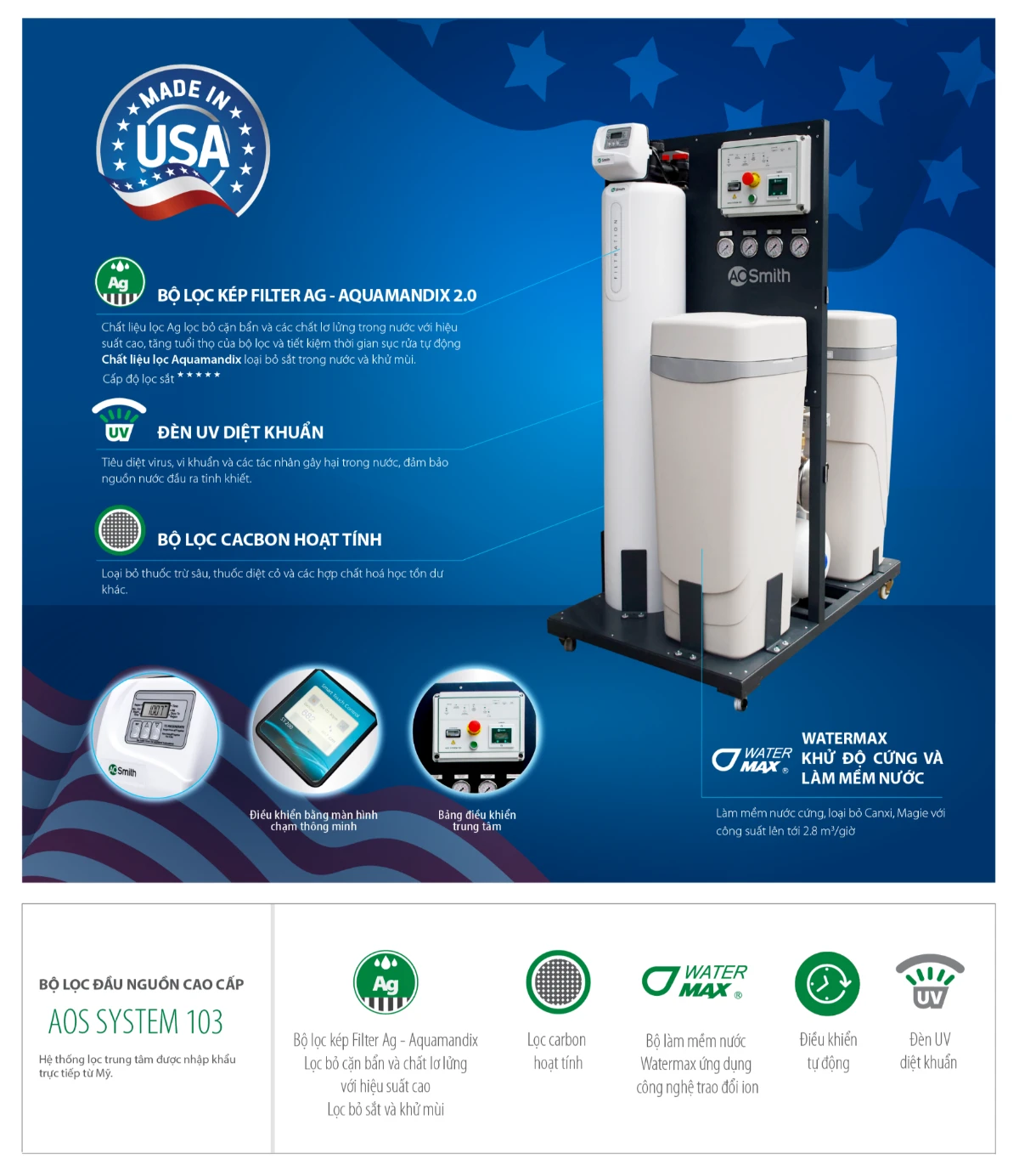Hệ thống lọc nước đầu nguồn A. O. Smith System 103 9 Một số tính năng nổi bật của hệ thống lọc nước đầu nguồn AOS System 103