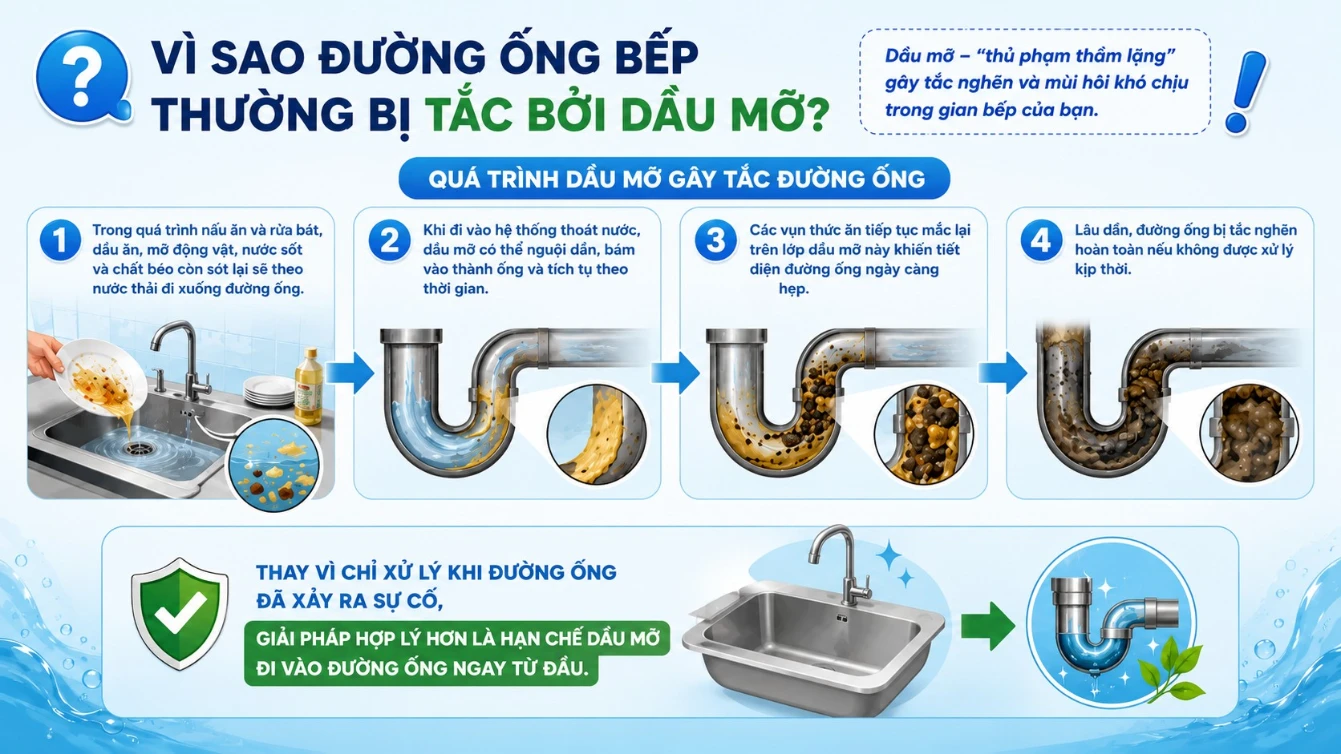 Lý do đường ống nước nhà bếp thường bị tắc nghẽn bởi dầu mỡ